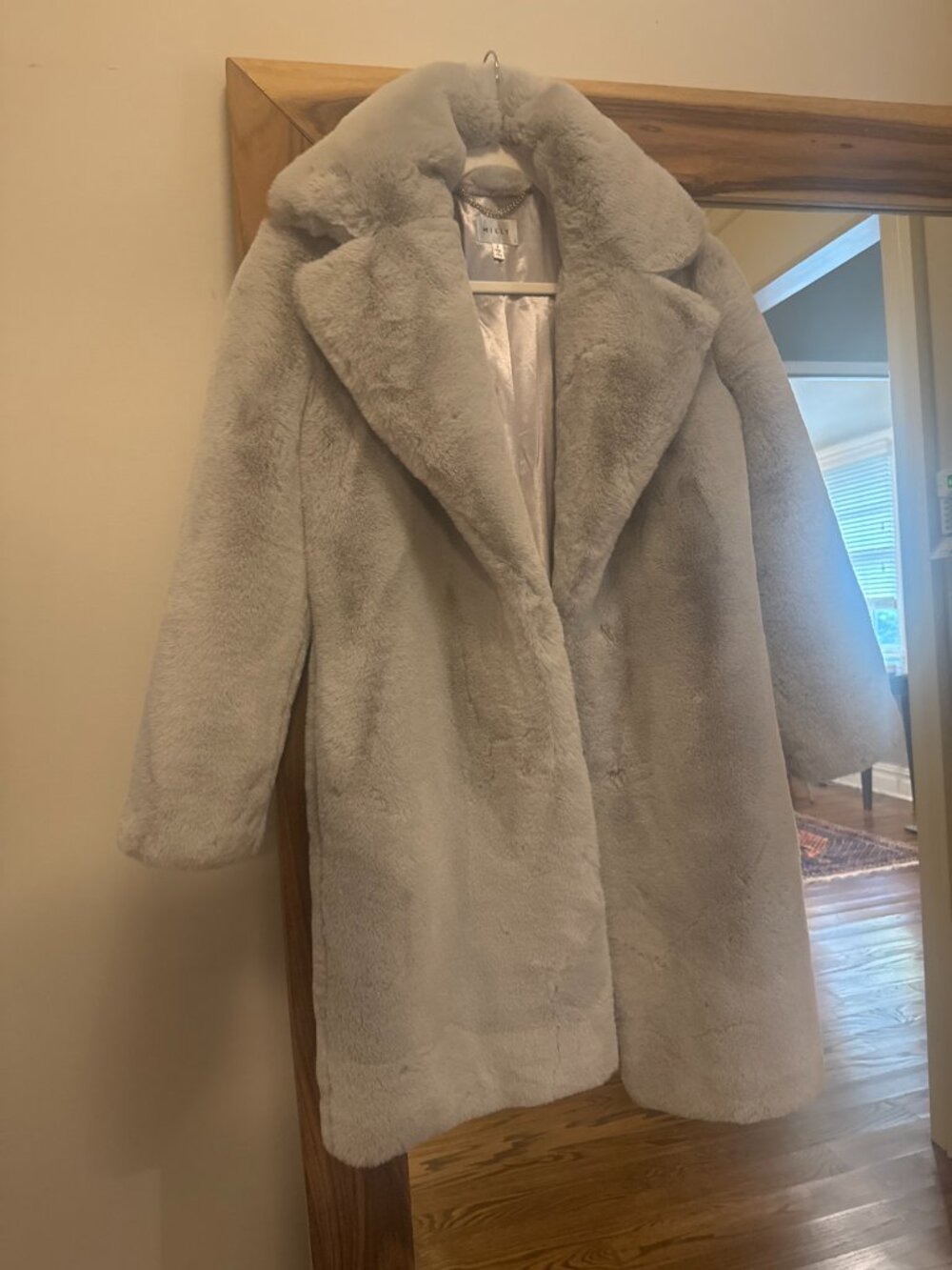 MILLY Riley Faux Fur Coat Light Gray Ivory Size P